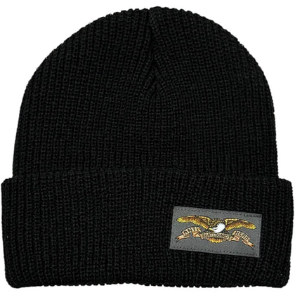 Black beanie with a logo patch on a white background