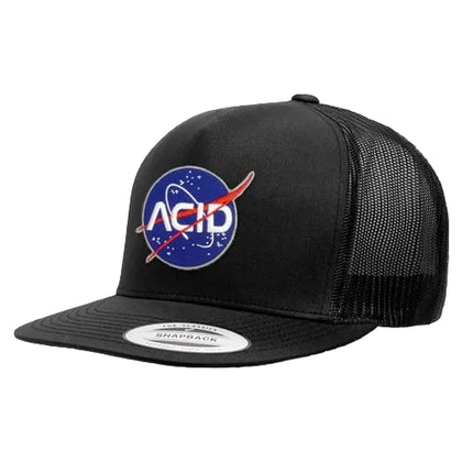 ACID Space Trucker Cap from Low Key Skate Shop. Black cap with a blue and red 'ACID' logo, similar to the NASA emblem, and a mesh back.
