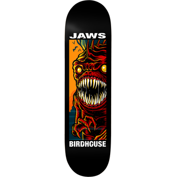 Skateboard deck with 'Jaws' design and 'Birdhouse' branding on a white background