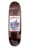 A dark brown wooden skateboard deck with a colorful 'Embarcadero' fountain and ferry buidling graphic.