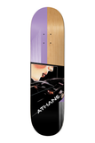 Chris Athans Redline Deck | Deathwish Skateboards, lavender & wood top, black graphic of car, face, and 'ATHANS' text.