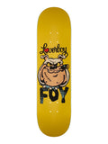 A skateboard deck with a bright yellow background, featuring a central graphic of a bulldog wearing sunglasses with the text 'Loverboy FOY' written around it.