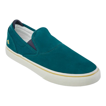 Teal slip-on shoe with white sole on a white background