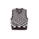 Black and white checkered sweater vest with a warped checkered graphic design