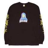 A dark brown long-sleeve t-shirt with a colorful graphic of a hooded figure on the chest, Japanese characters printed down both sleeves, and the text 'FLOATING AWESOME' in white below the graphic.