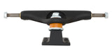 Independent Stage 11 Blackout 144mm skateboard truck, matte black with orange bushings, white background.