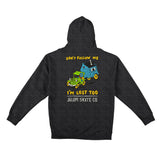 Dark gray hoodie with a colorful graphic and text on the back, on a white background