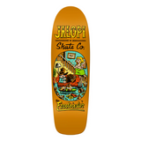 Skateboard deck with a vintage-style sleepy husband illustration and 'Jalopy Skate Co.' branding on an orange painted board.