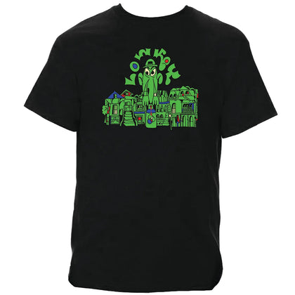 Black t-shirt with a colorful graphic design 