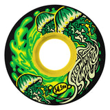 Skateboard wheel with green and black design and yellow center on a white background