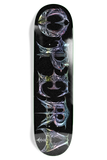 Skateboard deck with colorful text design on a black background