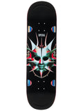 Skateboard deck with a colorful mask design on a black background, featuring the brand 'Opera'.
