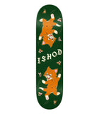 Real Ishod Wair Kitten Slick Deck 8.3. Dark green skateboard with two orange cartoon cats, one upright, one inverted, playing with butterflies.