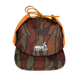Camouflage cap with orange drawstring nylon ear flaps 