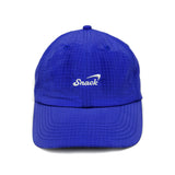 Blue nylon cap with 'Snack' logo on a white background