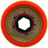 Orange skateboard wheel with black and yellow pattern on a white background