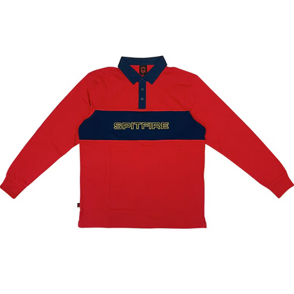 Red long-sleeve polo shirt with navy accents and 'Spitfire' logo banner