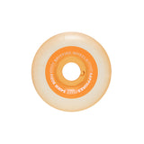 Skateboard wheel with orange rim and beige center on a white background