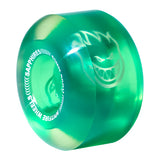 Green roller skate wheel with white text on a white background