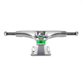 Thunder skateboard truck with a silver metallic aluminum body, green bushings.