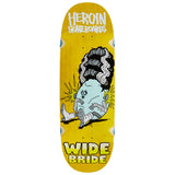 Heroin Skateboards Wide Bride Deck, yellow, featuring a stylized Frankenstein's bride monster character with bolts.