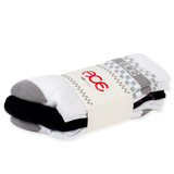 Ace 3 Pack Crew Socks in white, black, and grey, featuring patterns and wrapped with an Ace brand label.