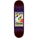 Antihero Kanfoush Homer 2 8.5 Deck | Antihero, dark purple board with vintage graphic of opossum, bitten red apples, & 'Antihero Austin Kanfoush' text.