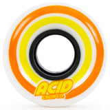 Acid Pods Wheels 55mm. White skateboard wheel with orange and yellow stripes, black core, and Acid Chem Co logo.