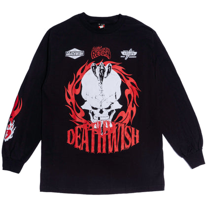 Deathwish Death Race L/S Tee, black long-sleeve shirt with large skull, red flames, "DEATHWISH" logo, and racer graphics.