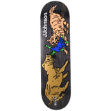 Johnson 'Pet Sounds' 8.375" Deck by Quasi Skateboards, dark wood with tan and gold tiger/cat graphics pouncing on a frog.