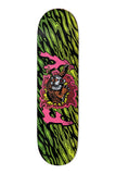 Deathwish Jamie Foy Primal Twin 8.5 skateboard deck with a roaring tiger in pink flames on a black and neon green flame background.