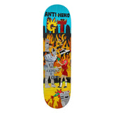 Anti Hero Grant Taylor Kenji Goto Deck 8.25 features a vibrant, chaotic art scene with robots, people, police car, and flames.