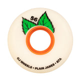 Plain Jane Keyframe 56mm 87a Skateboard Wheels by OJ Wheels, white with green leaf graphic and orange core.