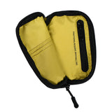 Open Quasi Skateboards Crypto Wallet, black with bright yellow interior, card slots, and a zippered pocket.