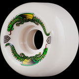 Powell Peralta Dragon Formula Wheels 58mm 93A, white skateboard wheel with green and yellow dragon graphic.
