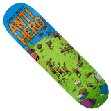 Anti Hero Raney Beres Roached Out II 8.62 skateboard deck with cartoon roaches camping, swimming, and partying in a green field.