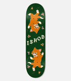 Real Ishod Wair Kitten Slick Deck 8.3. Dark green skateboard with two orange cartoon cats, one upright, one inverted, playing with butterflies.