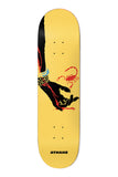 Chris Athans Heatstroke Deck 8.475 by Deathwish with a yellow graphic featuring a black hand, blue bracelet, and red scorpion design.