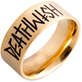 Gold Deathspray Ring by Deathwish, a band ring with bold black engraved 'DEATHWISH' text.