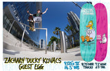 Zachary 'Ducky' Kovacs skating, showcasing the Heroin Skateboards Ducky Guest Egg deck. Teal and pink graphics.