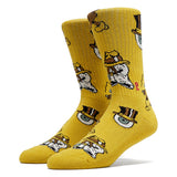 Dog World Psocks | Psockadelic yellow socks featuring bulldog faces in detective hats and eyeballs in top hats.