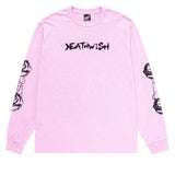 Deathwish Bed of Roses L/S Tee, light pink with black Deathwish logo and rose/barbed wire sleeve graphics.