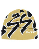 Mustard Quasi Skateboards Slug Beanie with black and white abstract S-shaped pattern and embroidered Quasi logo