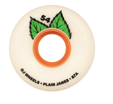 Plain Jane Keyframe 56mm 87a skateboard wheel by OJ Wheels, white with orange core, green leaves, marked 54.