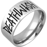 Deathspray Ring | Deathwish. Silver ring with 'DEATHWISH' engraved in black stylized letters.