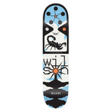 Wilson 'Y2K' 8.75" Quasi Skateboards deck with scorpion, '10K', 'WILSON' text, and abstract blue/black graphics.