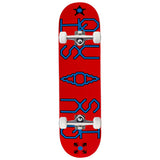 Quasi Skateboards "Unicode 8.375" Skateboard Deck, red with blue geometric 'SKATE' text, white wheels, silver trucks.