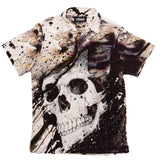 Deathwish Skateboards Read My Bones Button Up shirt with a white skull graphic and black, white, and colorful paint splatters.