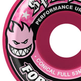 Spitfire F4 99D Conical Wheels. Pink skateboard wheel with Spitfire demon logo and 'Performance Conical Full 53M' text.