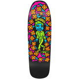 Krooked Gonz Sig Deck 9.81 skateboard with a vibrant cartoon graphic of Gonzales in green, surrounded by pink and orange flowers on black.